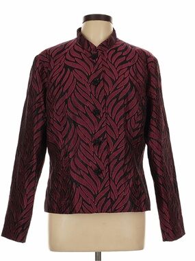 dressbarn Burgundy and Black Patterned Mandarin Collar Jacket